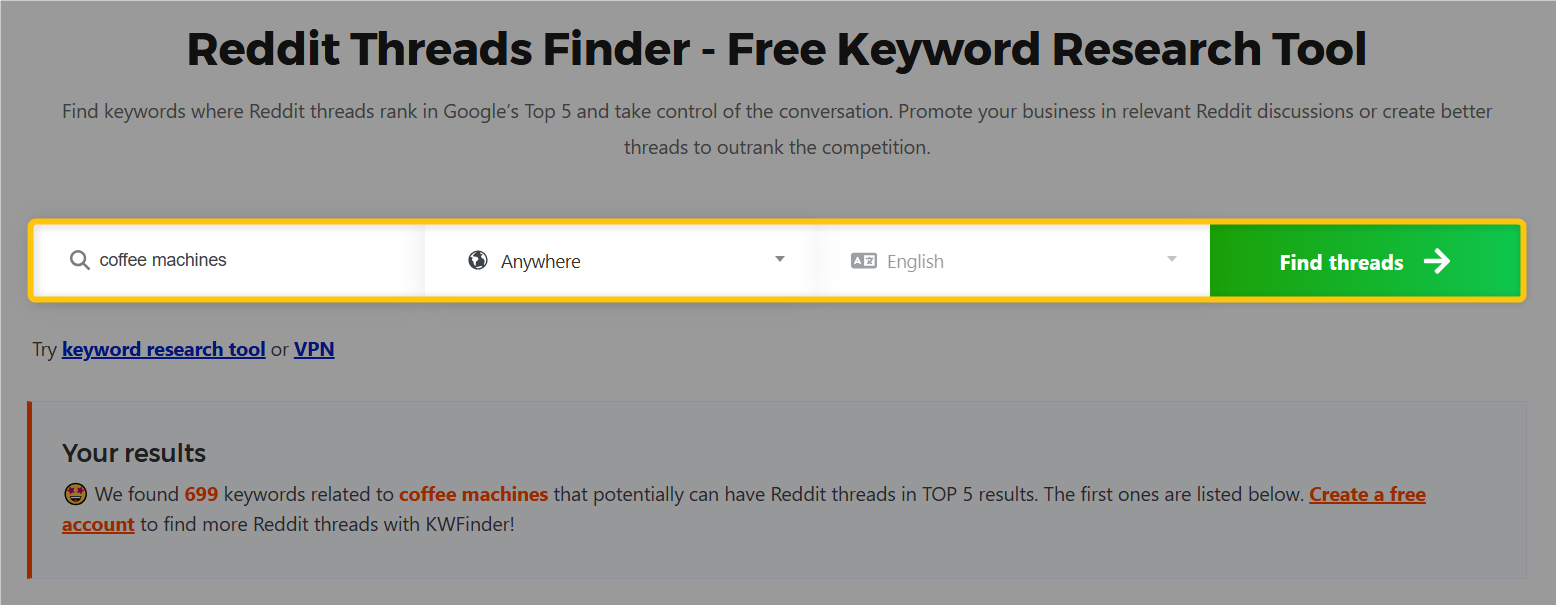 Reddit Threads Finder interface